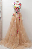 A-Line High Neck  Round Neck Tulle Applique Open Back Long with Flowers Prom Dresses uk PH494