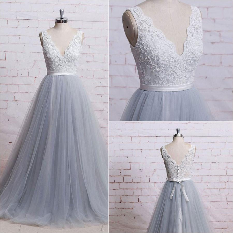 A-Line V-Neck Ivory Lace Bodice Grey Tulle Skirt Chapel Train Appliques Wedding Dress PM287