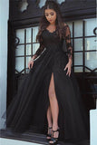 A Line Long Sleeve Slit Black Tulle Lace Appliques Backless Sweetheart Prom Dresses uk PW38
