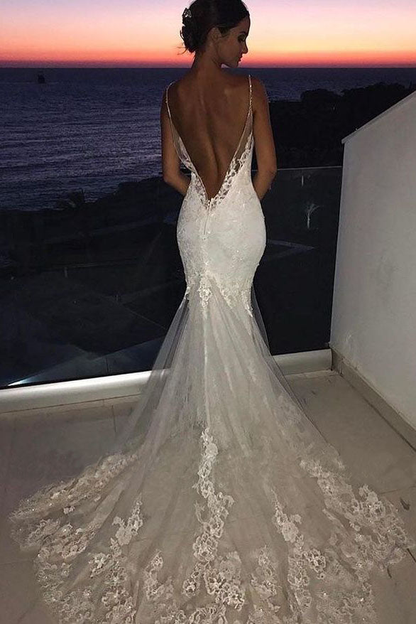 Sexy Mermaid Spaghetti Straps Wedding Dresses Lace Appliques Wedding Gowns with Tulle W1035