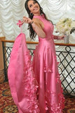 A Line Purple Satin Sweetheart Long Prom Dresses With Pockets, Strapless Evening Dresses P1298