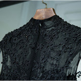 Vintage A Line Chic Long Black Lace Cap Sleeves High Neck Beads Appliques Prom Dress PW76