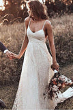 Rustic A Line Lace Backless Spaghetti Straps Wedding Dresses, V Neck Bridal Dress W1241