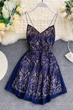 A Line Spaghetti Straps Lace V Neck Navy Blue Homecoming Dresses, Sweet 16 Dresses H1350