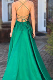 Elegant A Line Green Lace up Prom Dress with Pockets Slit Formal Evening Dress P1482