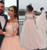 Off the Shoulder Long Sleeves Pink A-line Wedding Dress Blush Pink Tulle Bridal Dress W1187