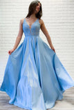Flowy A-line V Neck Lace Long Prom Dresses Blue Satin Open Back Evening Party Dresses P1292