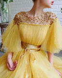 Elegant A Line Beading Tulle Yellow Prom Dress with Belt P1540