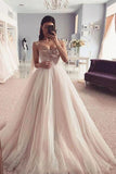 Elegant Spaghetti Straps Sweetheart Tulle Pink Prom Dress with Beading, Long Formal Dress P1375
