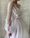 Jewel See Through Long Sleeve Ivory Lace Appliques Prom Dress Wedding Dress P1402