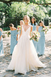Charming A Line V Neck Backless Ivory Chiffon Pleats Sleeveless Beach Wedding Dresses uk PH953