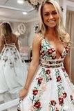 Fashion A Line Deep V Neck Backless Ivory Lace Prom Dress with Appliques N1482