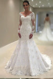 Elegant Lace V Neck Neckline Mermaid Long Sleeve Wedding Dresses with Appliques uk PW69