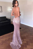 Elegant Mermaid Pink Simple Sexy Spaghetti Straps Sequin V Neck Backless Prom Dresses PH611