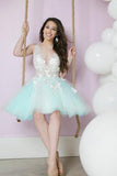 A Line Deep V Neck Tulle Lace Appliques Cute Short Prom Dresses,Homecoming Dresses uk PH908