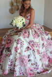 Ball Gown Printed Satin Sweetheart Spaghetti Straps Sleeveless Prom Dress,Wedding Dress PH684