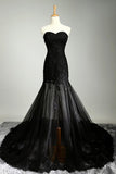 Sexy Black Sweetheart Sheath Tulle Beads Lace Appliques Strapless Long Prom Dresses uk PW30
