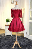 A Line Short Sleeves Satin Lace Appliques Lace up Scoop Short Prom Dresses Homecoming Dresses PH752