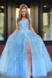 Elegant A Line Lace Appliques Blue V Neck Prom Dresses, Long Evening Dresses P1478
