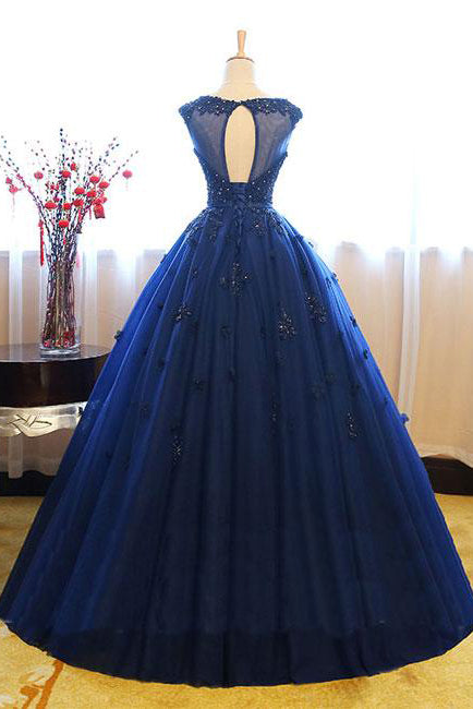 Dark Blue Tulle Lace Beads Ball Gown Open Back Sweet 16 Dress ...