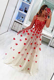 Stylish A Line Tulle Sweetheart Spaghetti Straps Red Flowers Sleeveless Prom Dresses uk PH811