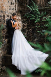 Elegant A Line Illusion Beads V-Neck Tulle Long Backless Wedding Dresses Prom Dresses W1217