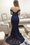 Mermaid Off-the-Shoulder Sweep Train Navy Blue Appliques Satin Prom Dresses uk PM404