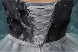Elegant High Low Strapless Sweetheart Feathers Tulle Gray Prom Dress with Lace up P1447