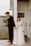 Elegant A Line Long Sleeves Round Neck Backless Boho Wedding Dress, Bridal Gowns W1254