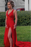 Simple A Line Red V Neck Criss Cross Satin Prom Dresses, Long Evening Dresses P1560
