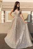 Modest Sparkly A Line Champagne V Neck Long Prom Dresses, Evening Dresses P1267