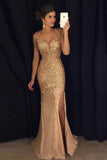 Elegant Gold Mermaid V-Neck Beads Side slit Tulle Long Evening Prom Dresses UK PH492