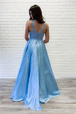 Flowy A Line V-Neck Blue Satin Open Back Lace Prom Dress P1292