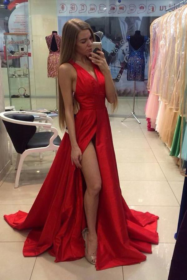 A Line Red Sleeveless V Neck with Side Split Floor Length Open Back Satin Prom Dresses uk PW52