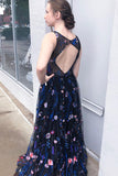 Gorgeous A Line Bateau Blue Floral Tulle Long Prom Dress Formal Dress P1194