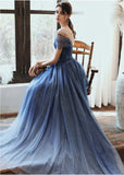 Charming A Line Blue Ombre Tulle Prom Dress with Open Back Evening Dress P1448