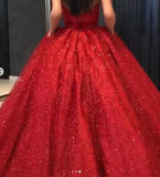 Sparkly Ball Gown Burgundy Strapless Sweetheart Prom Dress Long Quinceanera Dress P1384