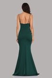 Spaghetti Straps Green Side Slit Mermaid Prom Dresses Sexy Beads V-Neck Formal Dresses XU90815