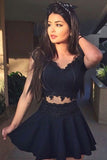 A-Line V-Neck Black Sleeveless Lace Satin Two Piece Lace Appliques Homecoming Dresses PH749