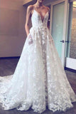 A Line Deep V Neck Lace Appliques Ball Gown Spaghetti Straps Wedding Dress with Pockets PH727