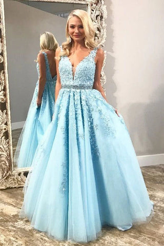 Elegant Light Sky Blue V Neck Tulle Prom Dress with Lace Appliques, Long Beads Formal Dress P1210