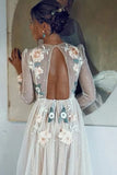 Elegant A Line Long Sleeves Embroidery Tulle Beads Prom Dress P1412