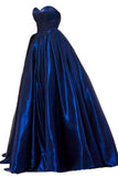 A Line Royal Blue Satin Sweetheart Strapless Prom Dress with Pockets P1425