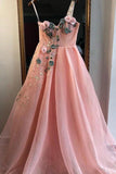 Unique A Line One Shoulder 3D Appliques Pink Tulle Long Beads Prom Dresses P1461