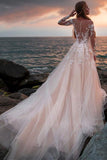 A Line Pink Long Sleeves Round Neck Tulle Wedding Dresses with Appliques, Wedding Gowns W1203