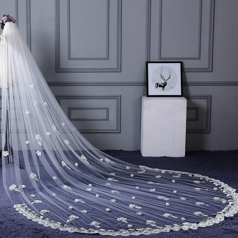 Fashion Hand Made Flowers 3M Tulle Ivory Wedding Veils with Appliques W1238