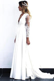 Charming White V Neck Long Sleeves Satin Wedding Dresses, Long Cheap Bridal Dresses W1233