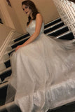 Glitter Silver Long Spaghetti Straps Prom Dresses with V Neck, Dance Dresses P1466