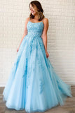 Unique A-Line Sky Blue Tulle Appliques Beads Scoop Prom Dresses with Lace up P1486