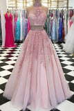 Elegant A Line Two Piece Dusty Rose Beaded Tulle High Neck Lace Long Prom Dresses uk PH864